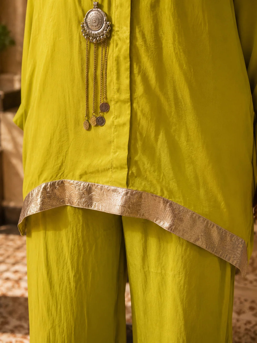 Lime Green Heavy Embellished High-Low Hem Co-Ord Set in Crepe