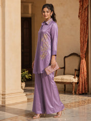 Lavender Sequin Embroidered Front-Slit Co-Ord Set in Crepe
