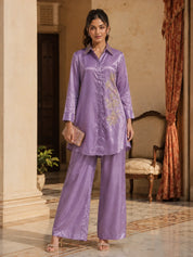 Lavender Sequin Embroidered Front-Slit Co-Ord Set in Crepe