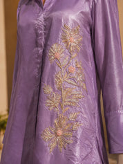 Lavender Sequin Embroidered Front-Slit Co-Ord Set in Crepe