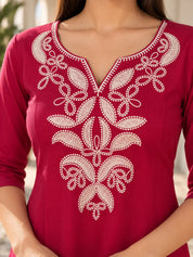 Magenta Pink Embroidered Yoke Short Kurti in Rayon