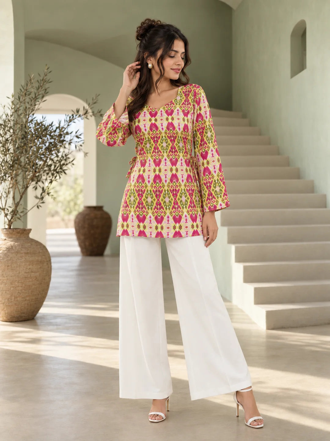 Multicolour Squared V-Neck Criss-Cross Tie Short Kurti in Cotton