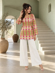 Multicolour Squared V-Neck Criss-Cross Tie Short Kurti in Cotton