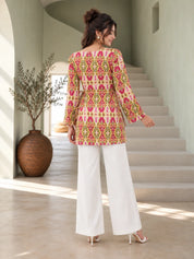 Multicolour Squared V-Neck Criss-Cross Tie Short Kurti in Cotton