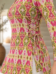 Multicolour Squared V-Neck Criss-Cross Tie Short Kurti in Cotton