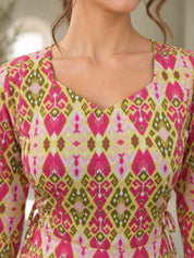 Multicolour Squared V-Neck Criss-Cross Tie Short Kurti in Cotton