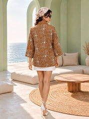 Light Brown Floral Embroidered Half Placket Shirt in Cotton Flex