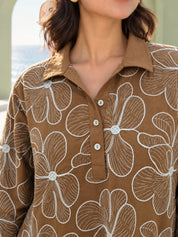 Light Brown Floral Embroidered Half Placket Shirt in Cotton Flex