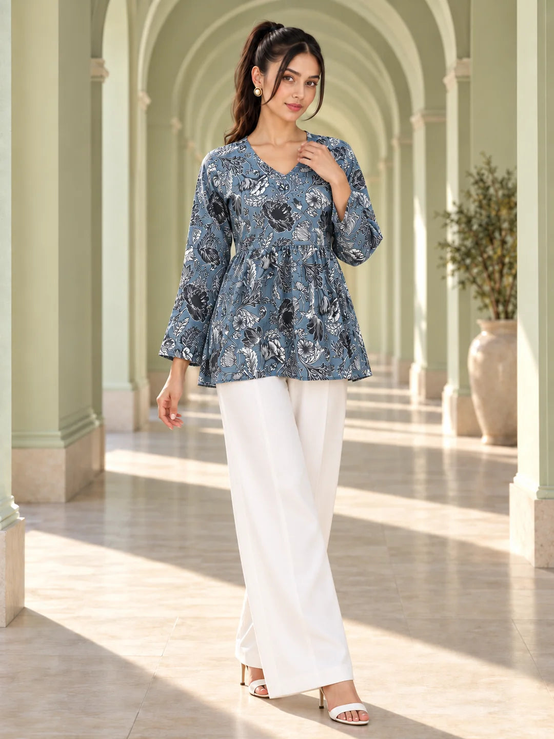 Slate Grey V-Neck A-Line Peplum Floral Jaal Short Kurti in Cotton
