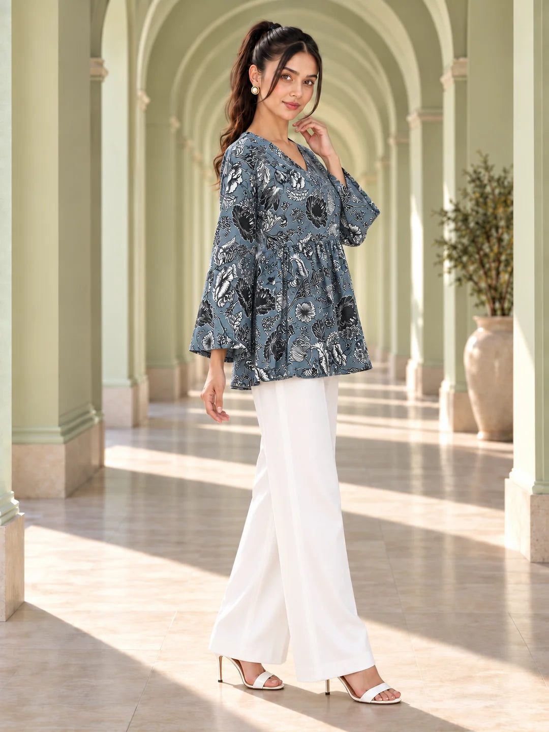 Slate Grey V-Neck A-Line Peplum Floral Jaal Short Kurti in Cotton