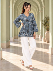 Slate Grey V-Neck A-Line Peplum Floral Jaal Short Kurti in Cotton