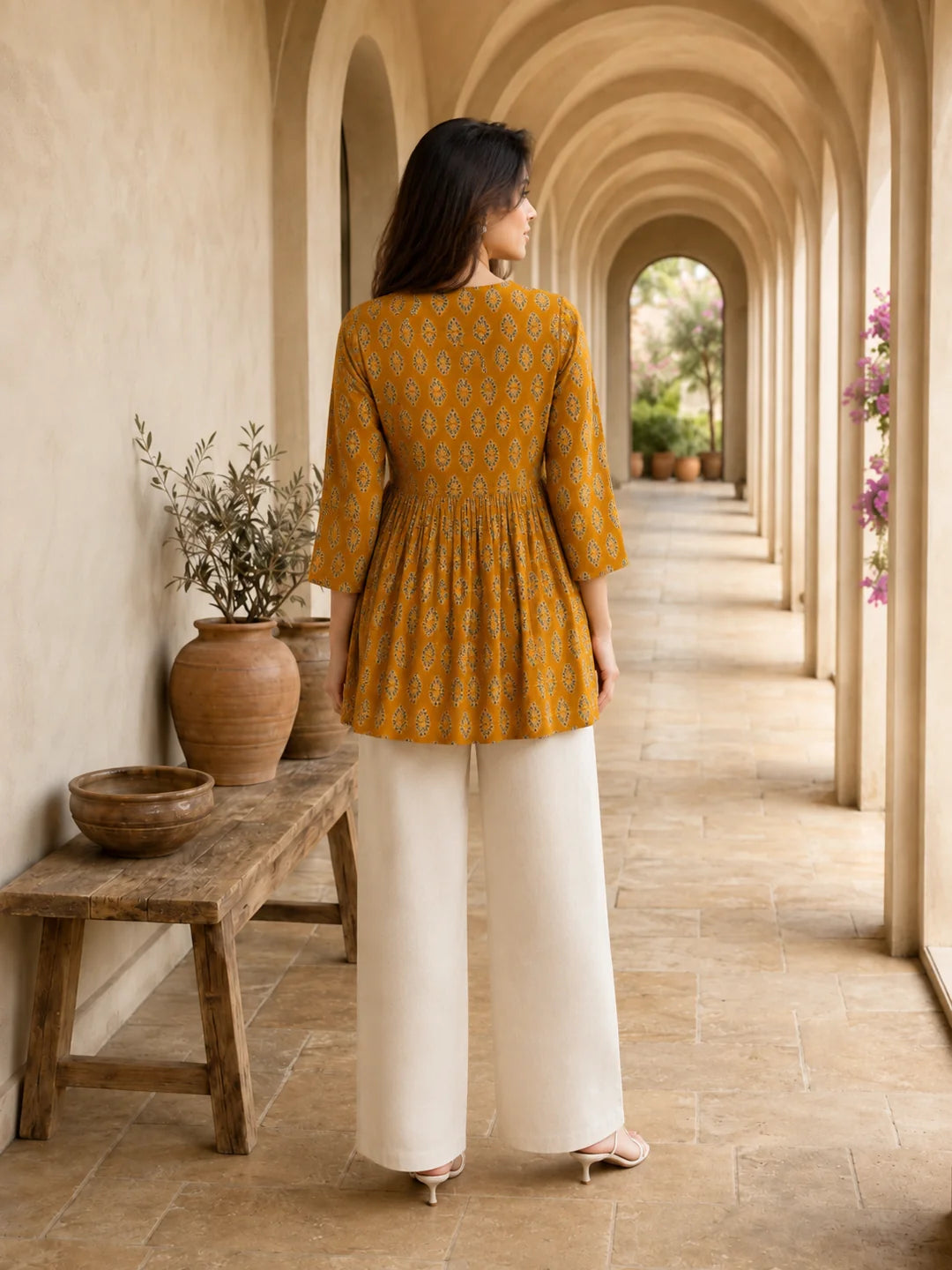 Mustard Yellow Gathered Bust Floral Buta Flared A-Line Short Kurti in Cotton