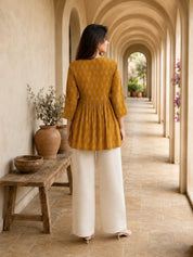 Mustard Yellow Gathered Bust Floral Buta Flared A-Line Short Kurti in Cotton