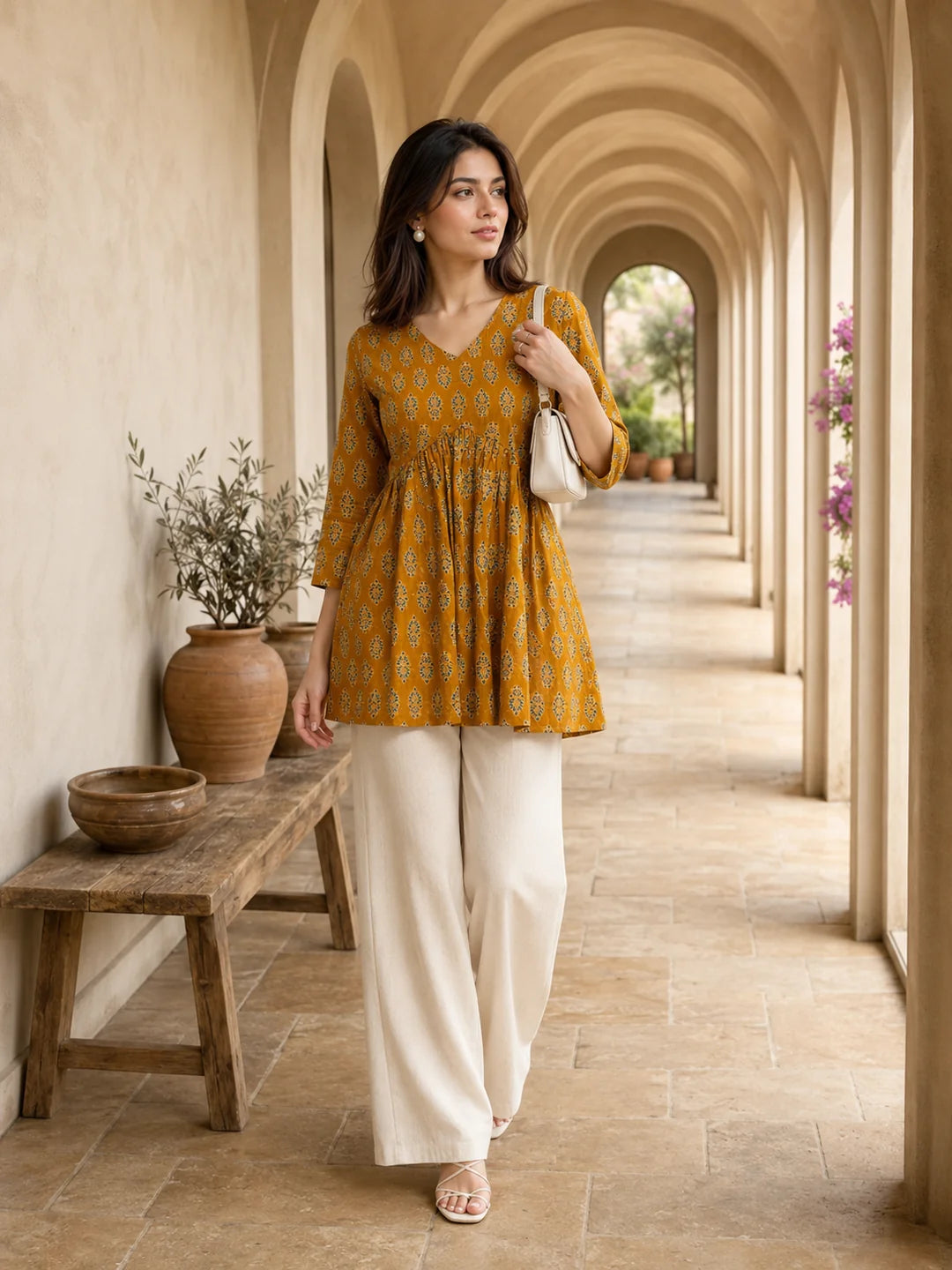 Mustard Yellow Gathered Bust Floral Buta Flared A-Line Short Kurti in Cotton