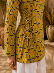 Mustard Yellow Criss-Cross Tie Floral Buti and Tikli Short Kurti in Cotton