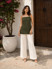 Dark Green Tie-Knot Shoulder Booti Print Cotton Short Kurti