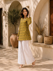 Mustard Yellow Criss-Cross Tie Floral Buti and Tikli Short Kurti in Cotton