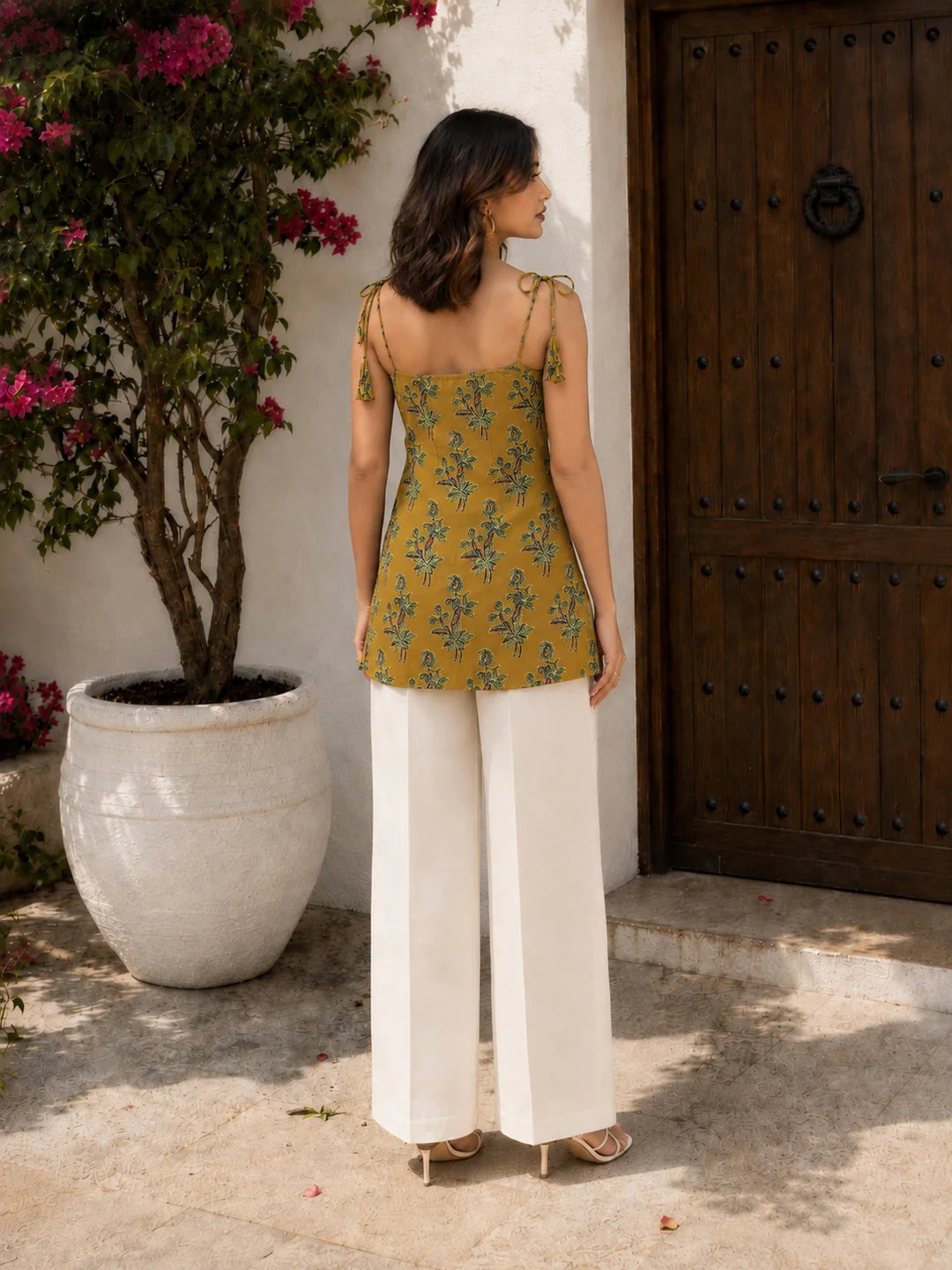 Mustard Brown Tie-Knot Shoulder Cotton Short Kurti with Floral Block Print