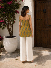 Mustard Brown Tie-Knot Shoulder Cotton Short Kurti with Floral Block Print