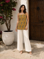 Mustard Brown Tie-Knot Shoulder Cotton Short Kurti with Floral Block Print