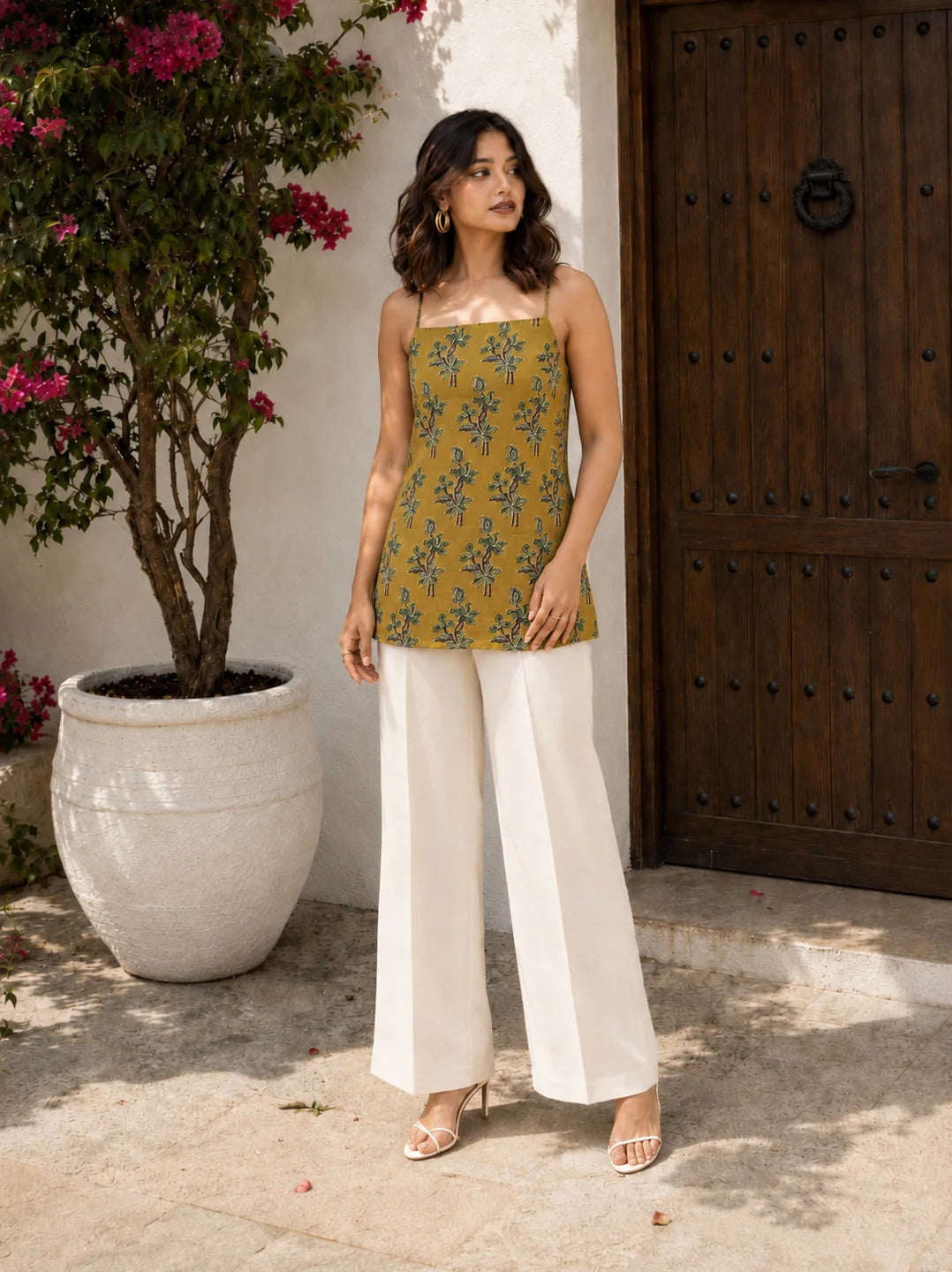 Mustard Brown Tie-Knot Shoulder Cotton Short Kurti with Floral Block Print