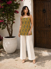 Mustard Brown Tie-Knot Shoulder Cotton Short Kurti with Floral Block Print
