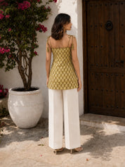 Muted Yellow Tie-Dye Cotton Short Kurti with Floral Block Print
