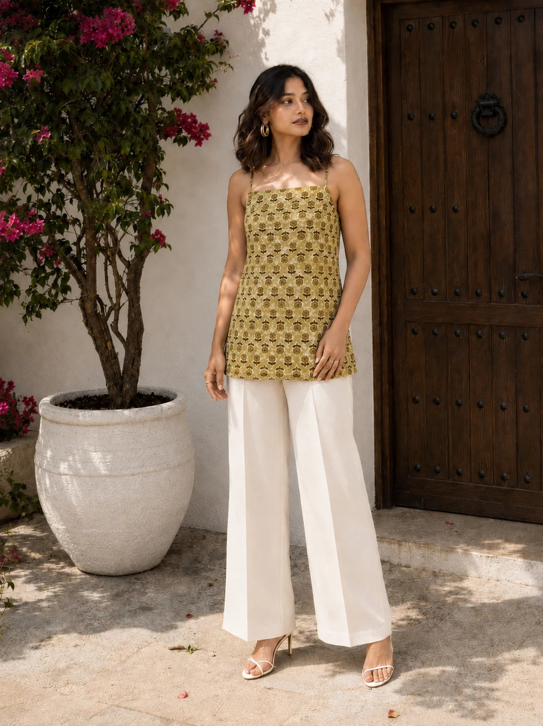Muted Yellow Tie-Dye Cotton Short Kurti with Floral Block Print