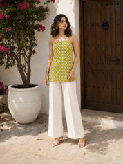 Citron Green Tie-Knot Shoulder Cotton Short Kurti with White Booti Print