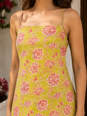 Lime Yellow Tie-Knot Shoulder Cotton Short Kurti with Pink Floral Print
