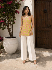 Lime Yellow Tie-Knot Shoulder Cotton Short Kurti with Pink Floral Print
