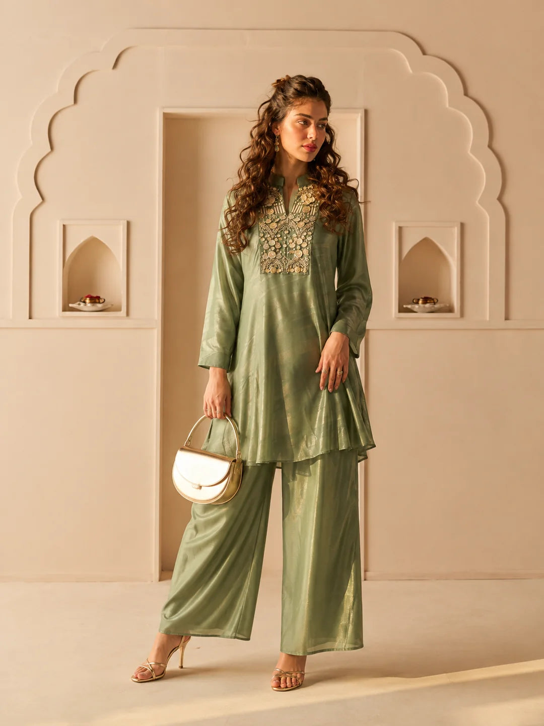 Green A-Line Top Co-Ord Set with Heavy Embellished Yoke in Shimmer Tissue
