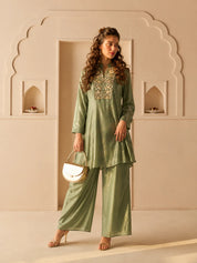 Green A-Line Top Co-Ord Set with Heavy Embellished Yoke in Shimmer Tissue