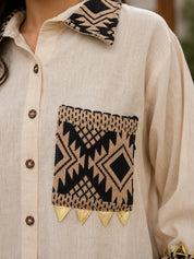 Natural Beige Geometric Patchwork Co-Ord Set with Wooden Button Shirt in Cotton