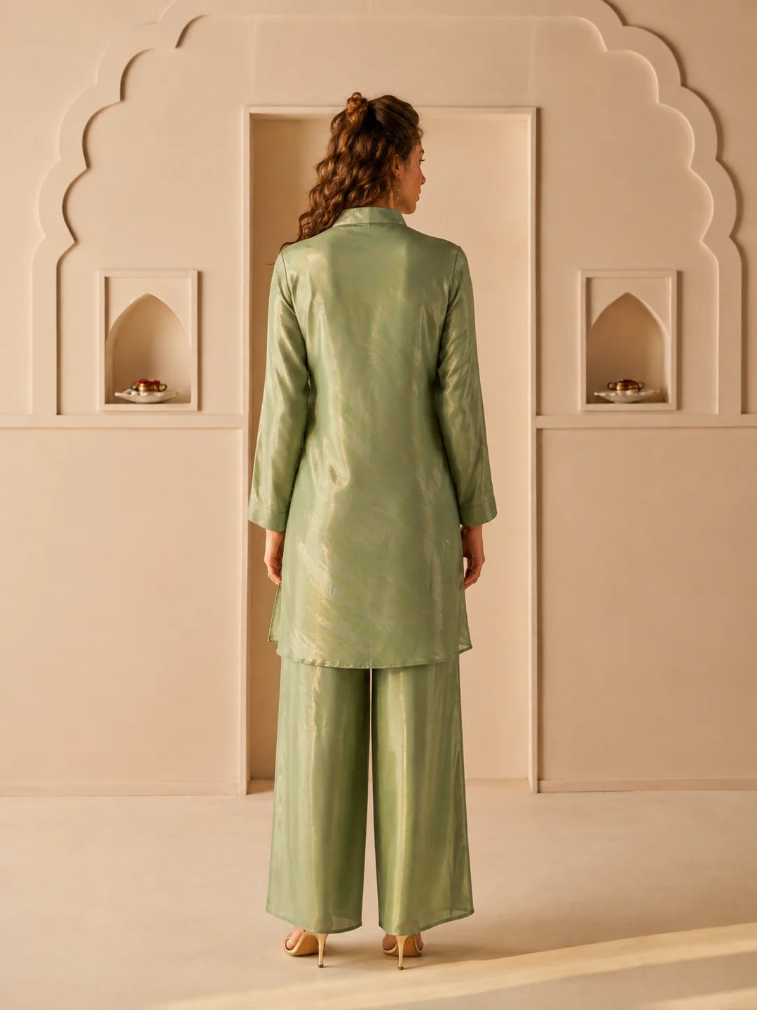 Green A-Line Top Co-Ord Set with Heavy Embellished Yoke in Shimmer Tissue