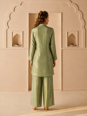 Green A-Line Top Co-Ord Set with Heavy Embellished Yoke in Shimmer Tissue