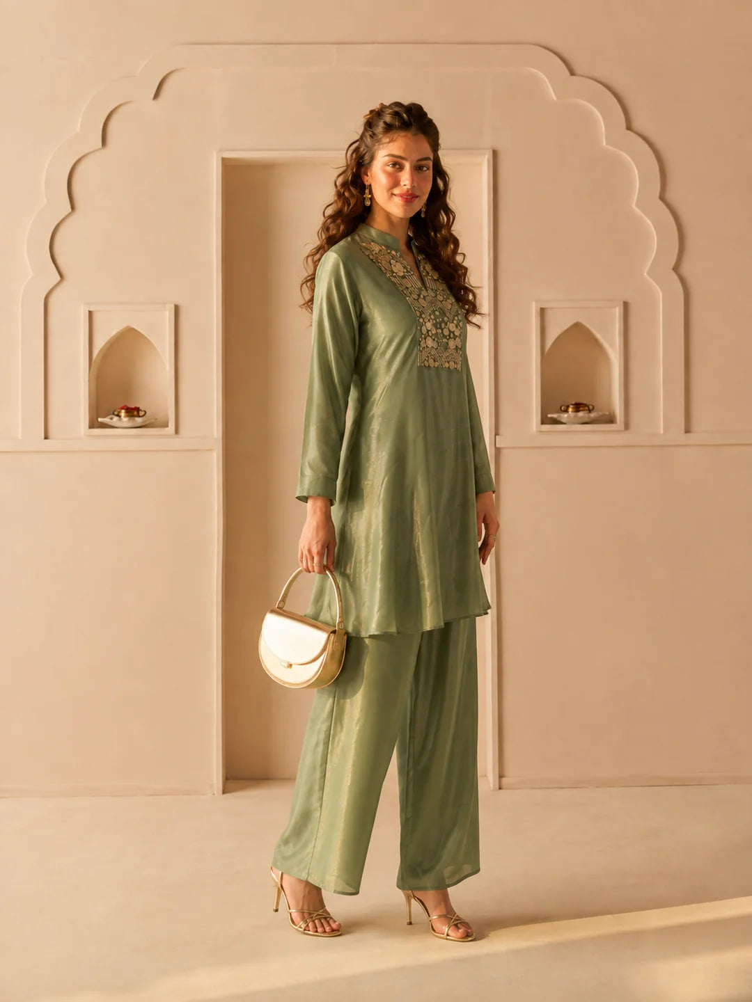 Green A-Line Top Co-Ord Set with Heavy Embellished Yoke in Shimmer Tissue