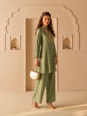 Green A-Line Top Co-Ord Set with Heavy Embellished Yoke in Shimmer Tissue