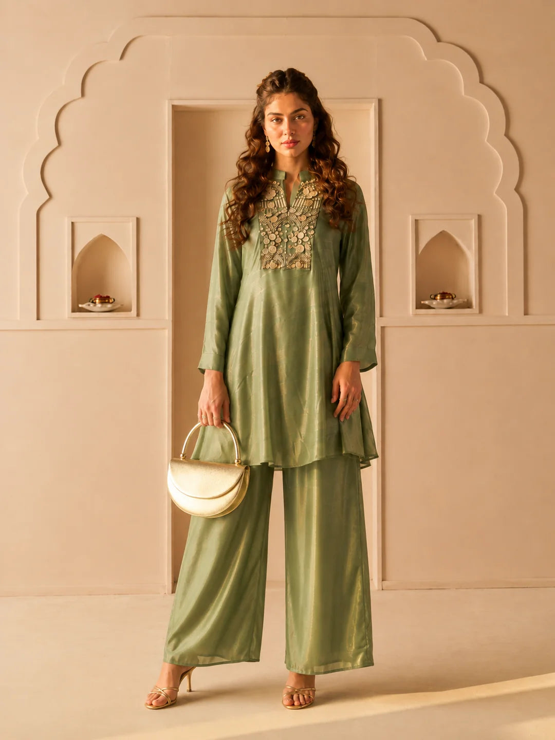 Green A-Line Top Co-Ord Set with Heavy Embellished Yoke in Shimmer Tissue