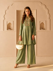 Green A-Line Top Co-Ord Set with Heavy Embellished Yoke in Shimmer Tissue