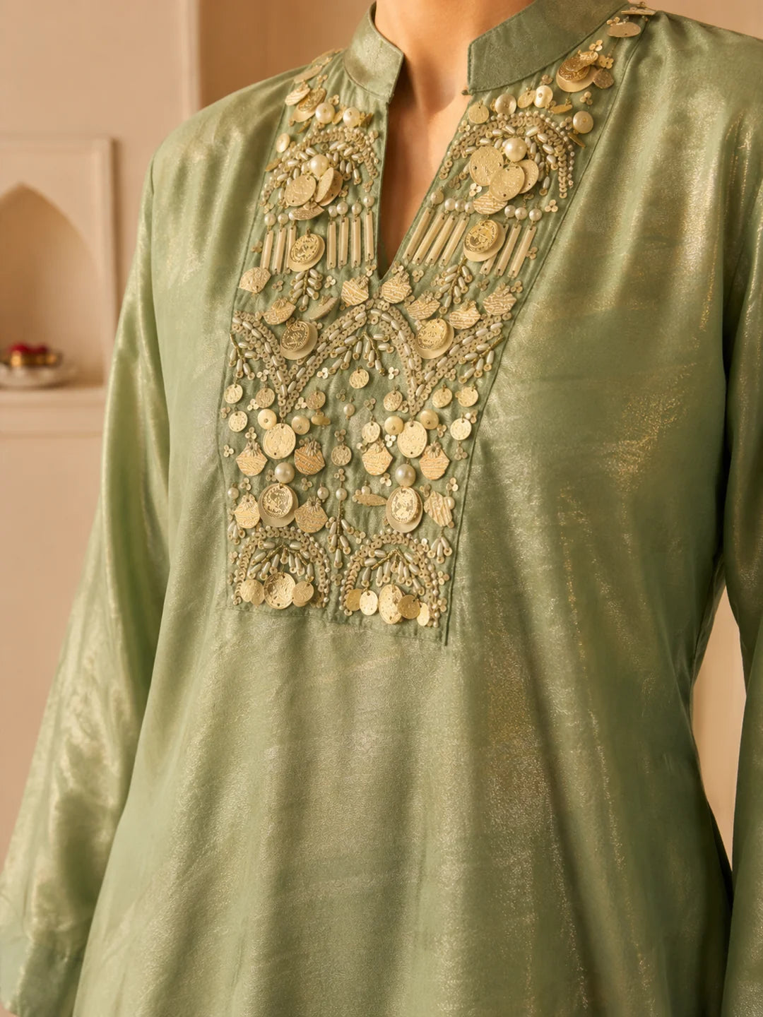 Green A-Line Top Co-Ord Set with Heavy Embellished Yoke in Shimmer Tissue