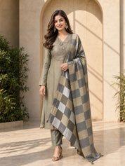 Olive Green Kurta Set with Embroidered Yoke & Metallic Wide Check Dupatta in Kanjivaram