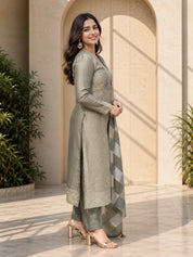 Olive Green Kurta Set with Embroidered Yoke & Metallic Wide Check Dupatta in Kanjivaram
