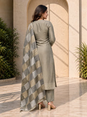 Olive Green Kurta Set with Embroidered Yoke & Metallic Wide Check Dupatta in Kanjivaram
