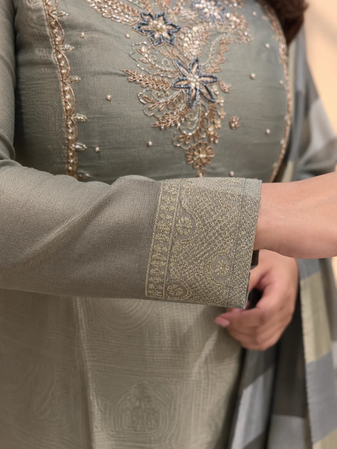 Olive Green Kurta Set with Embroidered Yoke & Metallic Wide Check Dupatta in Kanjivaram