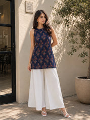 Dark Blue Halter Neck Cotton Kurti with Backless Cut-Out