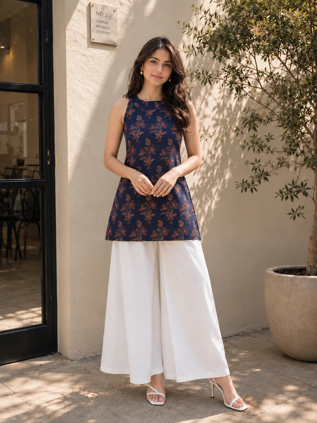 Dark Blue Halter Neck Cotton Kurti with Backless Cut-Out