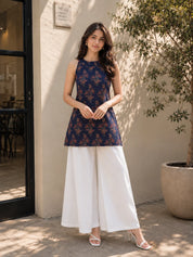 Dark Blue Halter Neck Cotton Kurti with Backless Cut-Out