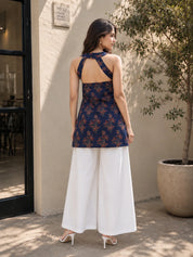 Dark Blue Halter Neck Cotton Kurti with Backless Cut-Out