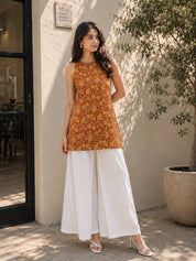 Coral Halter Neck Cotton Kurti with Floral Block Print